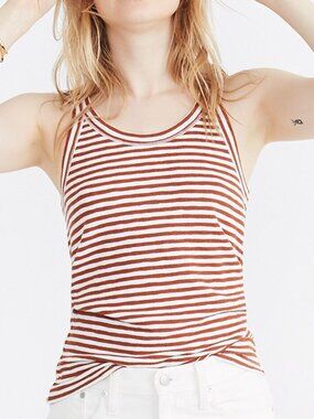 Madewell Audio Tank Top in Jodi Stripe Warm Nutmeg Burnt Orange Small
